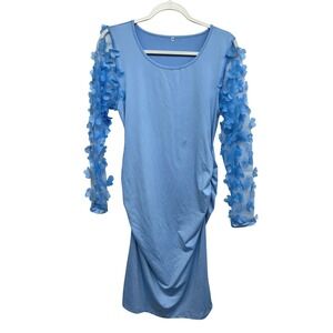 Light Blue Floral Mesh Sleeve Ruched Bodycon Dress Romantic Coquette Going Out M